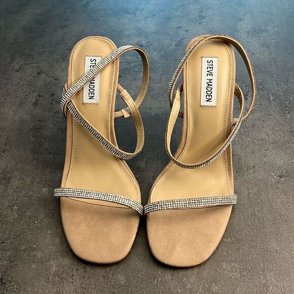 Steve Madden Women's Heels Tan Silver Size 7.5 Snappy Glass Rhinestone Strappy 8 - Picture 1 of 7